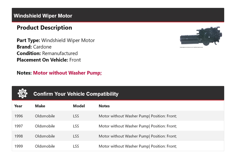 Para 1996-1999 Oldsmobile LSS limpador de para-brisa motor dianteiro Cardone 1997 1998 - Imagem 2 de 4