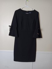 Tommy Hilfiger Dress Womens 4 Black Sheath Midi Round Neck Bell Sleeve Bow