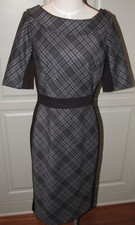 Ann Taylor Loft Dress 4 Black Gray Check Short Sleeve Midi Business Collared