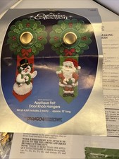 Vtg Paragon Needlecraft Santa And Snowman Applique Felt Door Knob Hanger Set/2
