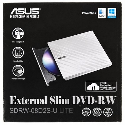 ASUS Externes CD Laufwerk Slim DVD-RW - Weiß - SDRW-08D2S-U LITE (Mac & Windows)
