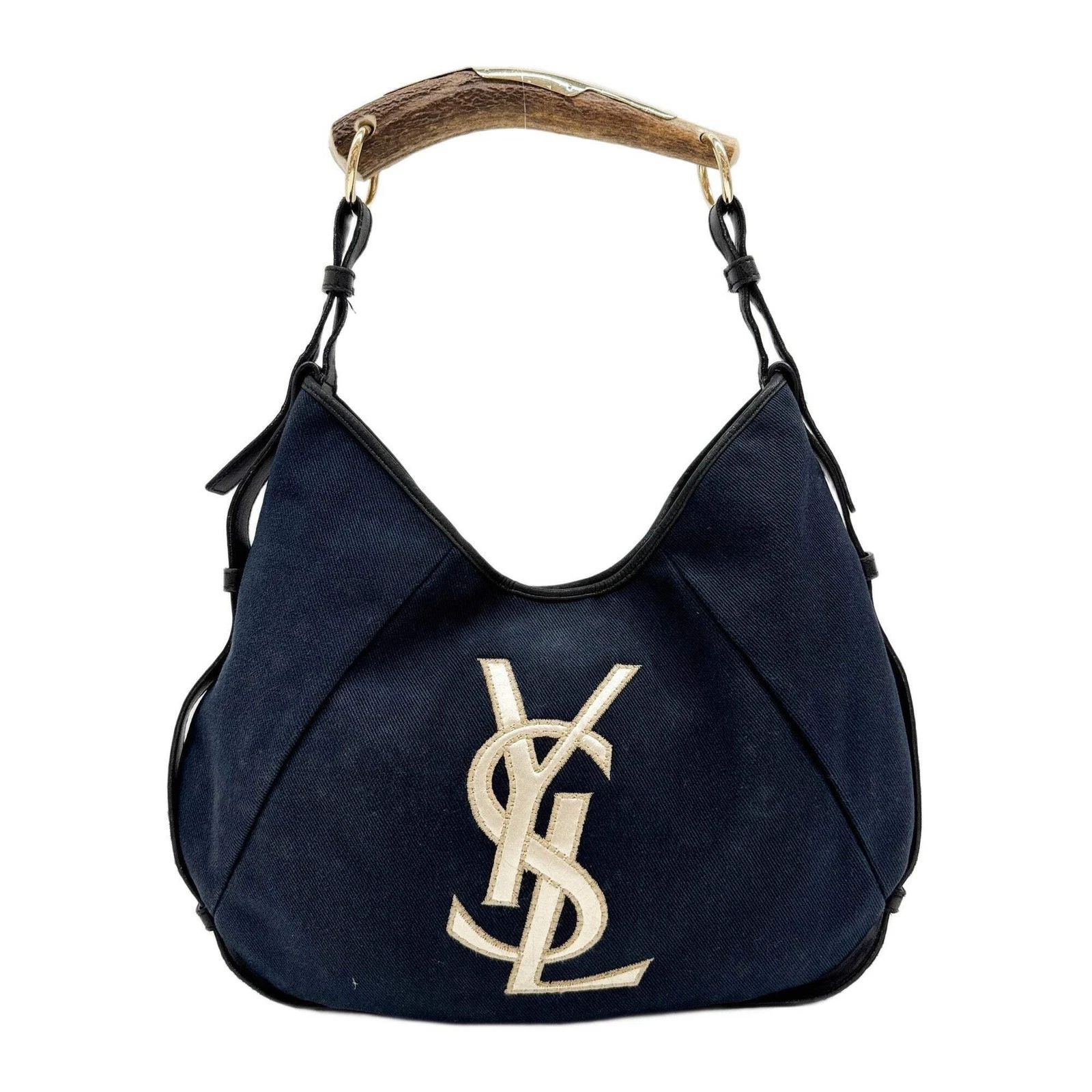 Saint Laurent — SAINT LAURENT Mombasa YSL Logo Navy Blue Canvas Shoulder Bag