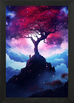 Red Tree On Mountain Top Framed Wall Art Poster Canvas Print Picture