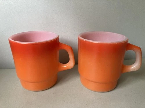 2 Vintage Anchor Hocking Fire King Orange Ombre Glass Mugs Stackable