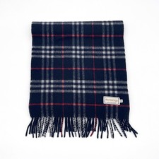 Burberry Cashmere Scarf Plaid Navy Blue 126cm x 31cm Fringe Vintage