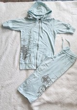 Womens Hale Bob L Blue Velour Tracksuit Set Pants Capri Jacket Size M