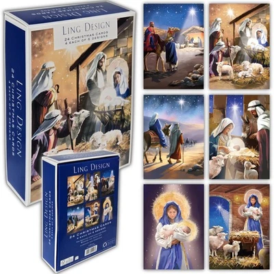 LING DESIGN Religious Art Box of 24 Assorted Christmas & New Year Cards - 4 Each of 6 Design