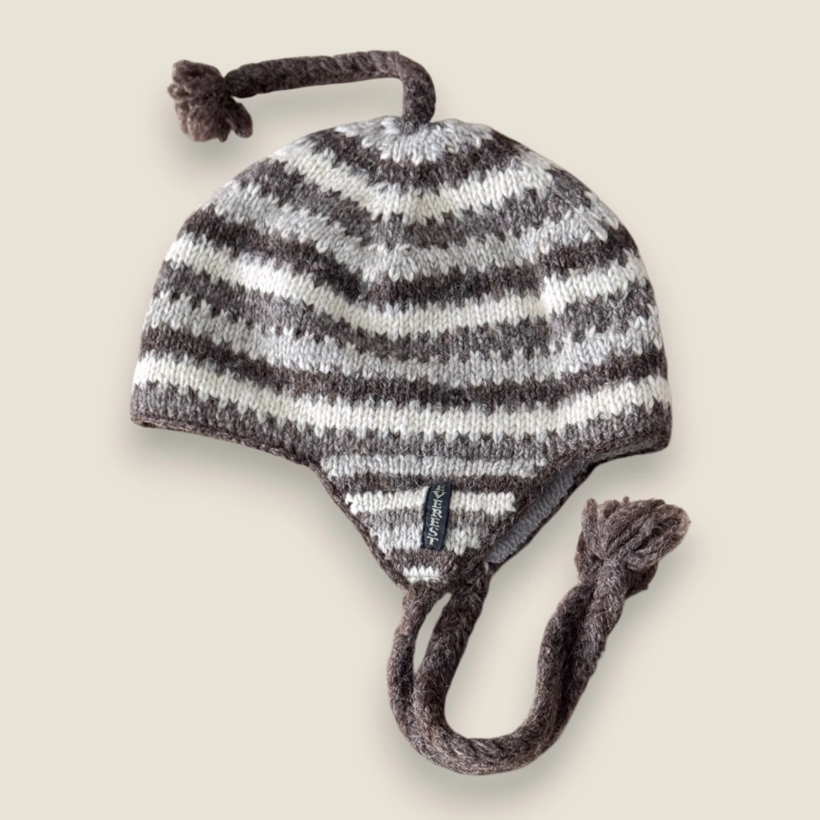 Everest Designs Wool Sherpa Earflap Beanie Knit Cap Fleece Lined Brown Gray