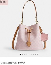 New Coach Powder Pink Signature Bucket Bag Flower Charm Detachable Strap Pouch