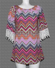 WIN WIN Colorful Bohemian Design Crocheted Scalloped Cuffs Long Tunic Top Wm S-M