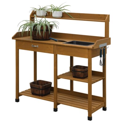Modern Garden Potting Bench Table with Sink Storage Shelves