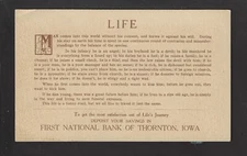 Thornton Iowa IA 1910 Story 0f LIFE's JOURNEY for a MAN, From Papa, 1st Ntl Bank