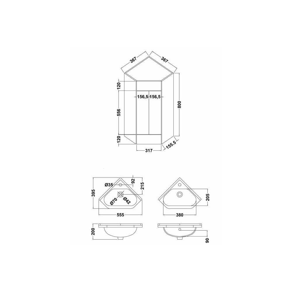 Corner Vanity Unit & Sink Basin Bathroom White 500 x 470mm