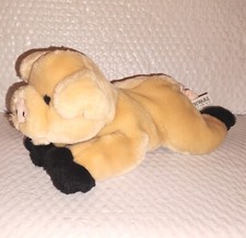 FAO Schwarz PIG Tan Floppy 11in Soft Furry Laying Plush Lovey Black Hooves