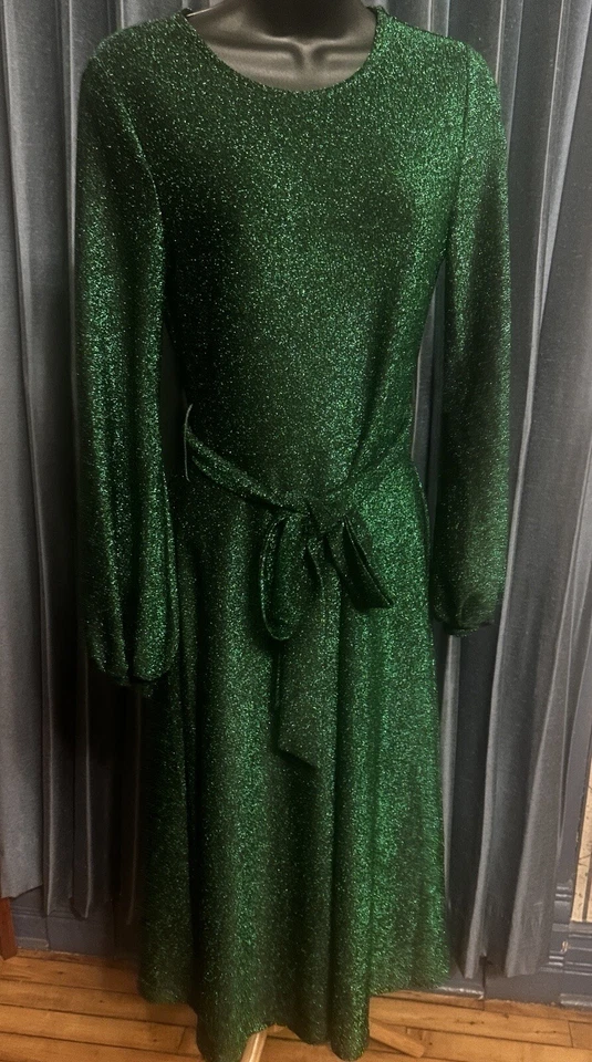 Women's Round Neck Bishop Long Sleeve Belted Glitter Luxury Dress Green S Foto 2 de 4