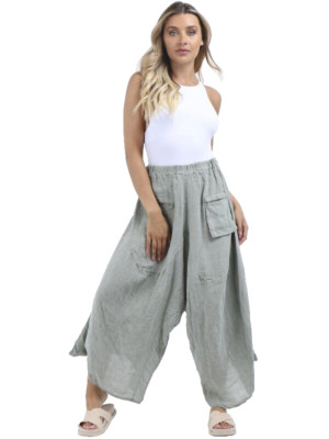 Italian Linen Harem Trousers Wide Leg Palazzo Pants Vintage Wash Khaki Green New