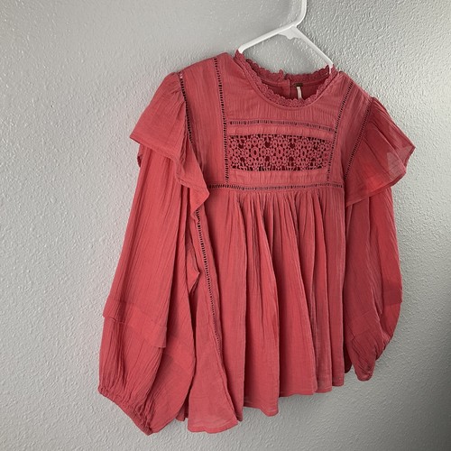 Free People Crop Peasant Top Rust Crinkle Gauzy Lace Poof Sleeve Baby Doll Sz XS - Picture 6 of 10