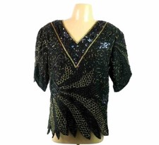 VTG 80s Iridescent L SEQUIN Trophy Wife Blouse Sheer Beaded Evening Formal Silk