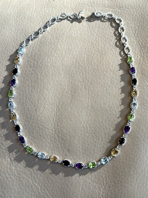Multi Colored Genuine Oval Gemstone & lab Sapphire Sterling Silver Necklace 18''