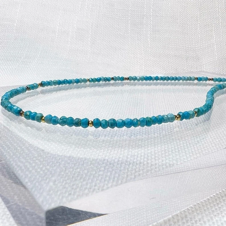 A++ Natürlicher Türkis facettierte Rondelle Edelstein Gold gefüllt Perlen Hal... - Bild 2 von 4