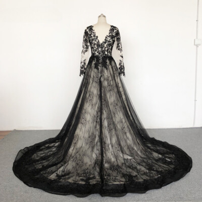 Ball Gown Black And White Wedding Dresses David's Bridal Gothic Black  Lace Luxury Wedding Dresses V-neck Long Sleeves Bridal Gowns Train