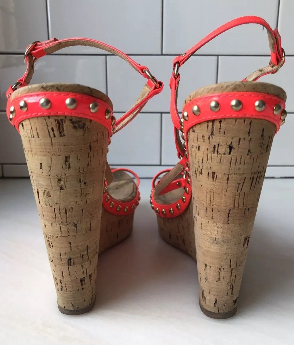 Christian Louboutin cork wedge patent strappy 38.5 Neon Orange | eBay