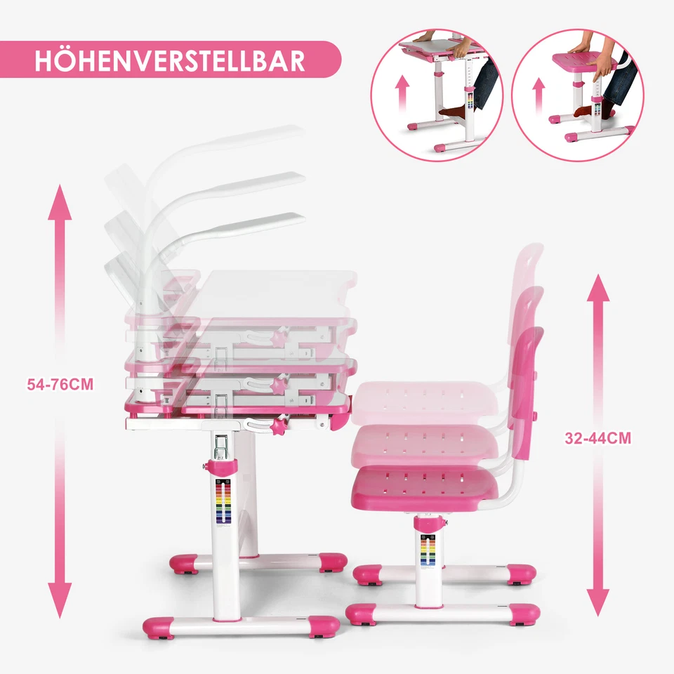 Kinderschreibtisch Schülerschreibtisch Verstellbar Neigbar mit Stuhl&Lampe Rosa - Bild 4 von 4