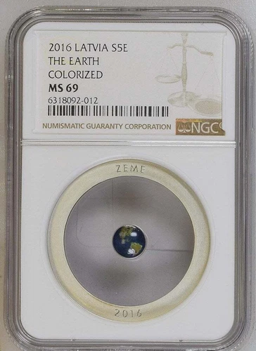 2016 ZEME The Earth 5 euro Coin Latvia Silver & Perlucor Mintage 5000 NGC MS 69