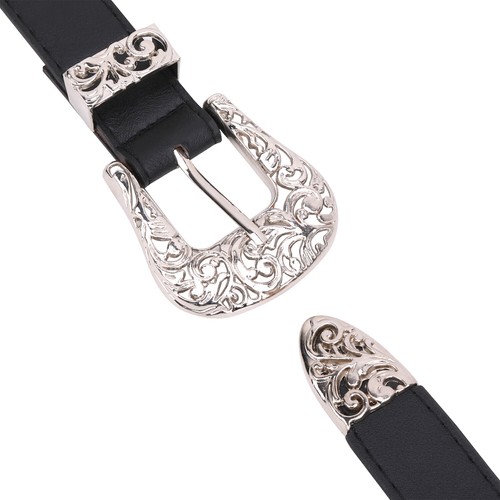 Estilo Vintage Plateado Doble Hebilla Piel Sintética Negro Cinturón Retro Cowboy - Imagen 4 de 7