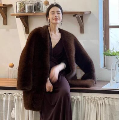 Womens New Fashion Winter V Neck Long Sleeve Loose Warm Faux Mink Fur Coats