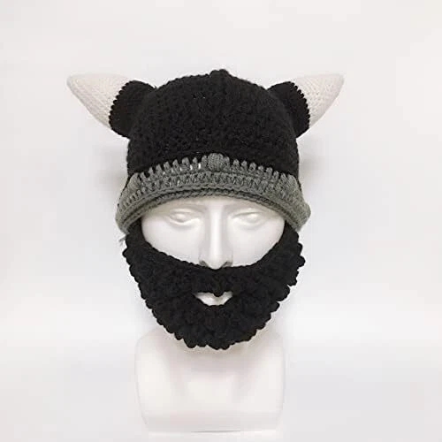 Casco Tejido y Barba Extraíble Caballero Bárbaro Sombrero Cuernos Vikingos Gorro Gorra Divertida Foto 4 de 4