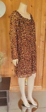 NWOT  "CC" Smocked Dress Brown Floral Tie Neck Long Sleeve Chiffon Lined Sz XL
