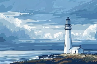 Lighthouse Painting Cloudy Blue sky Art Decor Poster Print