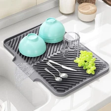 Dish Drying Mat Kitchen Counter - Silicone Pad with Built-in Drain for Sink New