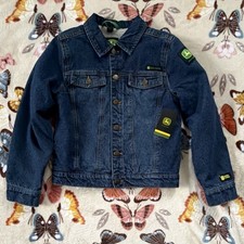 John Deere Boys Blue Denim Sherpa Lined Jacket M 8 Button Collared Pockets