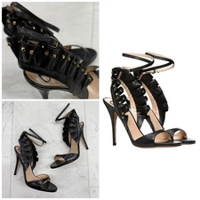 NIB $1,850 Valentino Garavani Women's Black Leather Ruffle High Heel Size: 8.5