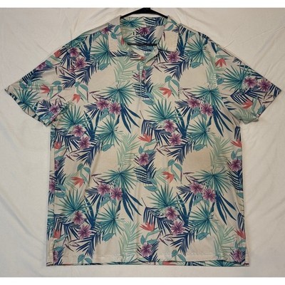 IZOD Golf Mens Large Tropical Palm Floral Polo Shirt Short Sleeve Teal Purple