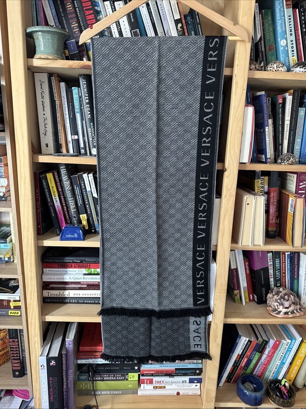 Versace Wool Rectangular Scarf 14” X 72” Gray Black