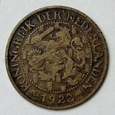1922 NETHERLANDS Crowned Lion & Shields - Queen Wilhelmina Genuine Cent Coin 767