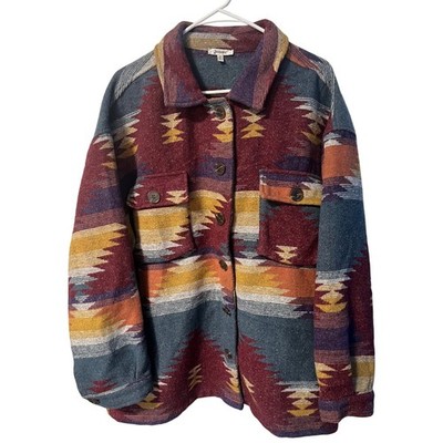 Jodifl Womens Aztec Print Shacket Burgundy Teal Southwestern Shirt Jacket 1X