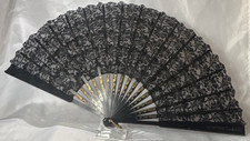 Antique Black Lace Fan Black Wood Guards  Sticks Carved Designs Brass Loop