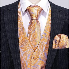 Barry Wang Mens Silk Paisley Vest Tie Pocket Square Set Gold Lavender 4XL