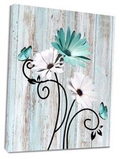 Daisy Wall Art for Bathroom Aesthetic Flower and Butterfly 20"L x 16"W Teal