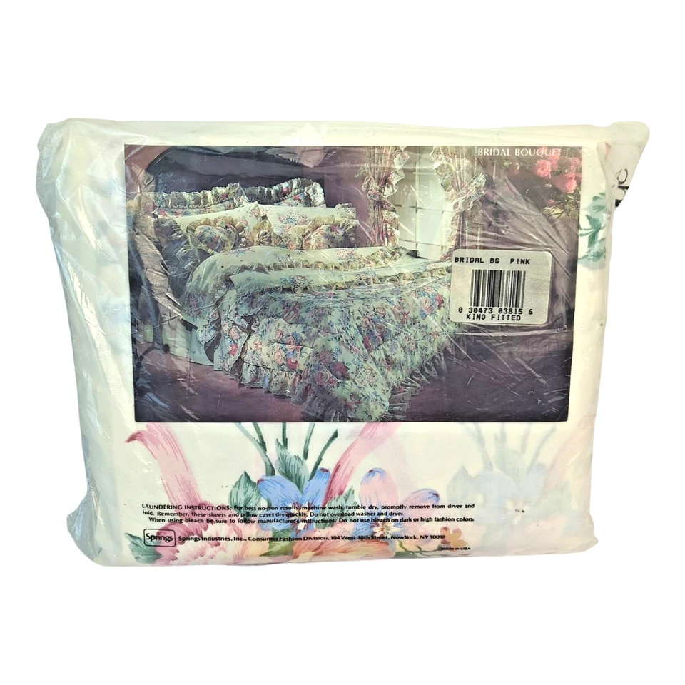 Vtg Springmaid King Sheet Set Flat & Fitted Floral Bridal Bouquet NOS New 1990s - Image 3 of 4