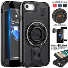 For iPhone 7 Case Rugged Hybrid Ring Kickstand Phone Cover with Tempered Glass