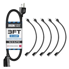 5 Pack of 3Ft Black Extension Cords - 16/3 SJT Durable Electrical Extension Cord