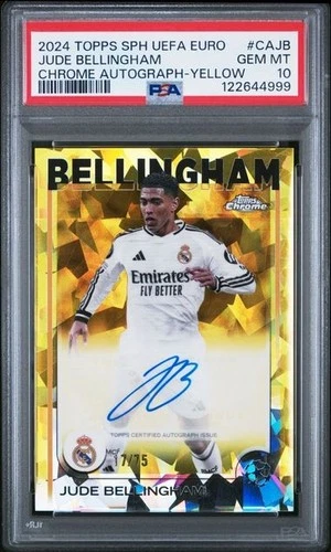 2024-25 TOPPS CHROME SAPPHIRE JUDE BELLINGHAM YELLOW REFRACTOR AUTO /75 PSA 10