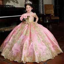 Luxury Golden Applique Full Ball Princess Wedding Party Flower Girl Dress