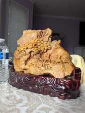 Soapstone Hand Carved  Landscape Scene Asian Carving Stone with wooden stand
