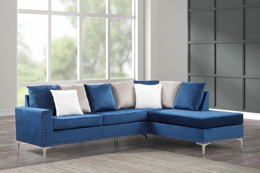 NEW Modern Blue Velvet 2PC Living Reversible Sectional Sofa Set Accent  Pillows